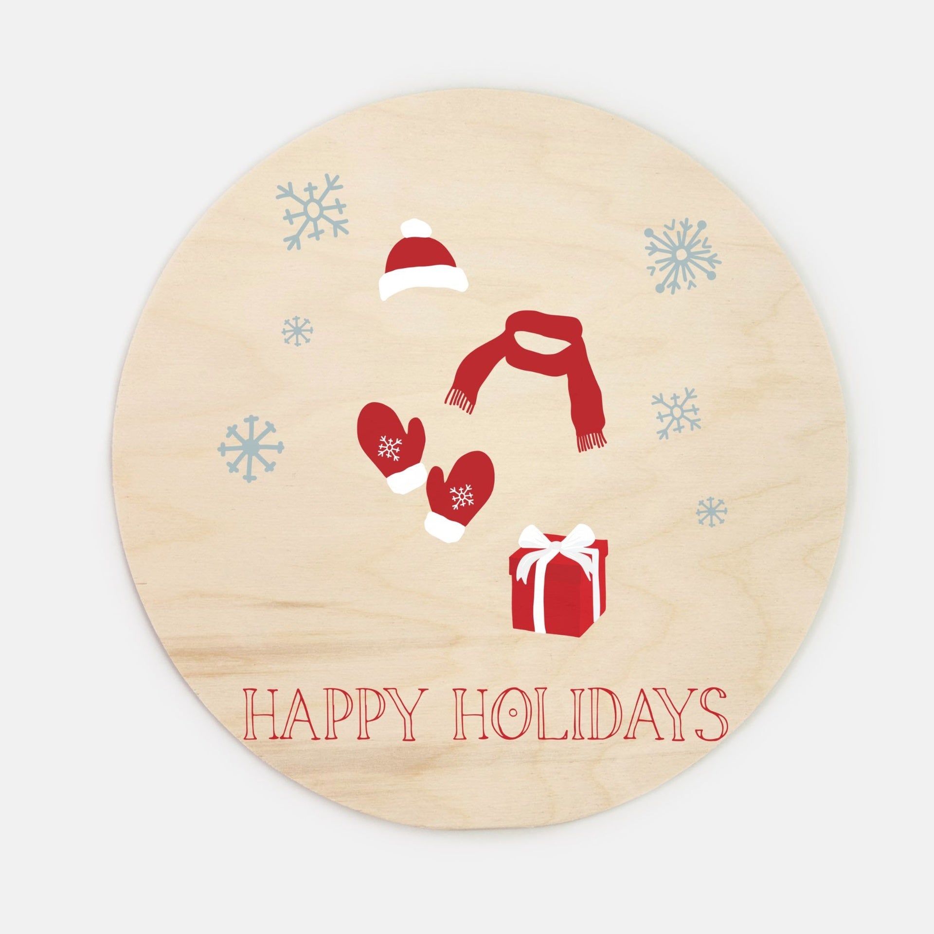 10" Round Wood Sign - Red Happy Holidays