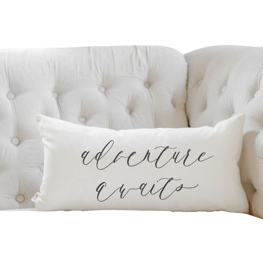 "Adventure Awaits" Lumbar Pillow - Lifestyle Details