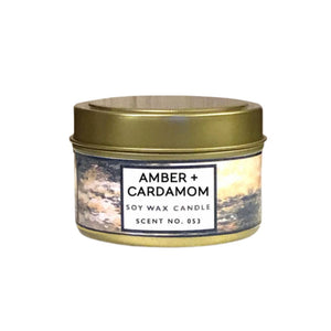 "Amber + Cardamom" Scented Soy Wax Candle - 4oz Tin - Lifestyle Details