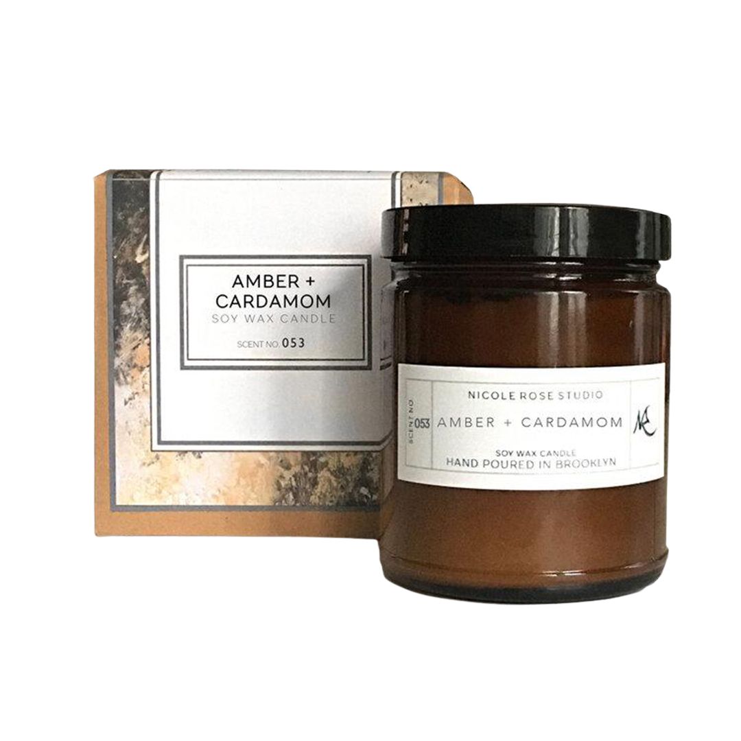 Amber + Cardamom Scented Soy Wax Candle - 8oz Glass Jar - Lifestyle Details