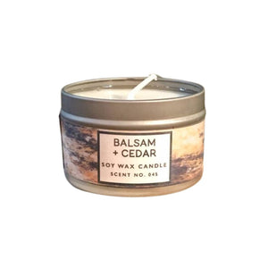 "Balsam + Cedar" Soy Wax Candle - 4oz Tin - Lifestyle Details