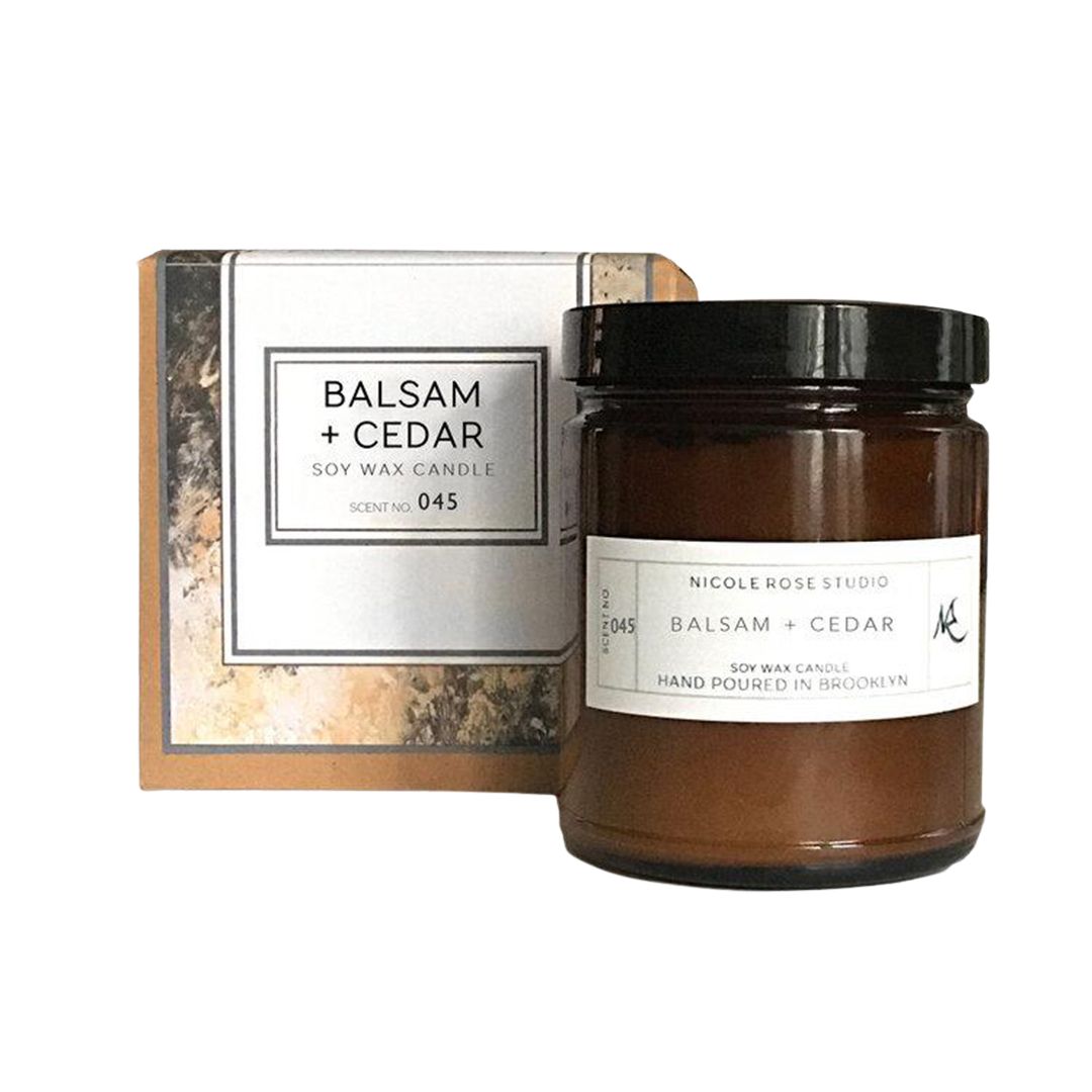 "Balsam + Cedar" Soy Wax Candle - 8oz Glass Jar - Lifestyle Details