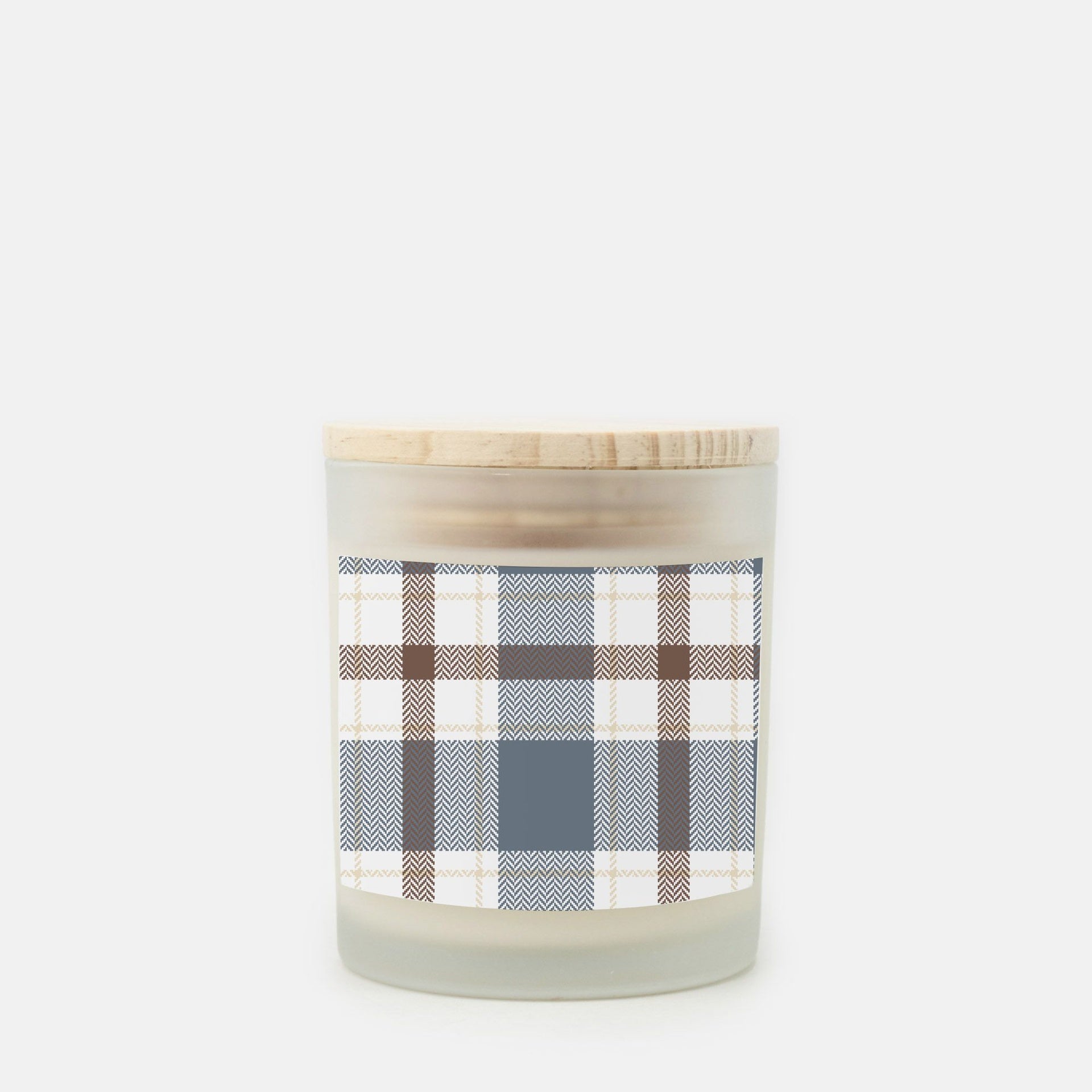 Lifestyle Details - 11oz Blue Grey & Brown Plaid Frosted Glass Candle - Cashmere Vanilla