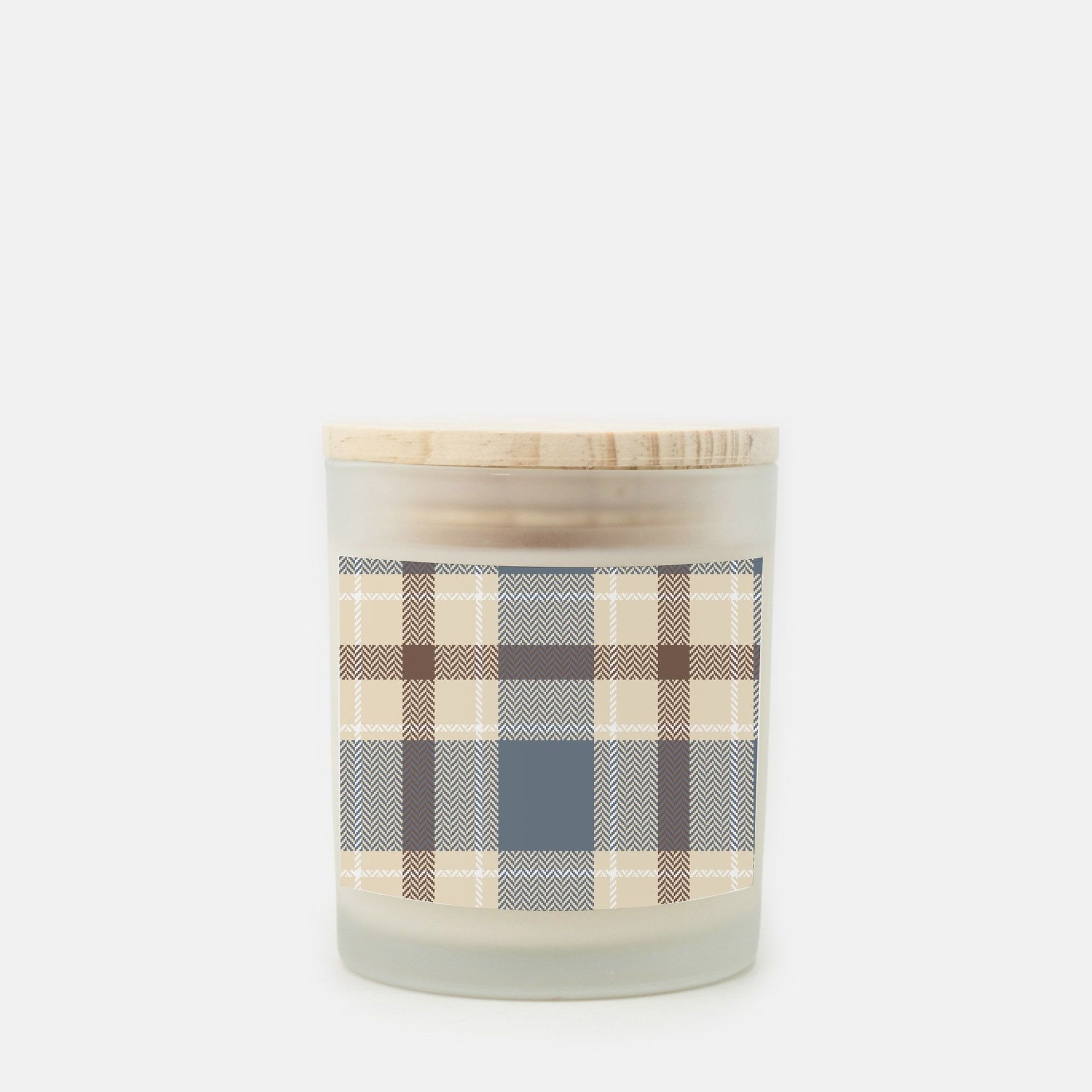 Lifestyle Details - 11oz Blue & Brown Plaid Frosted Glass Candle - Cashmere Vanilla