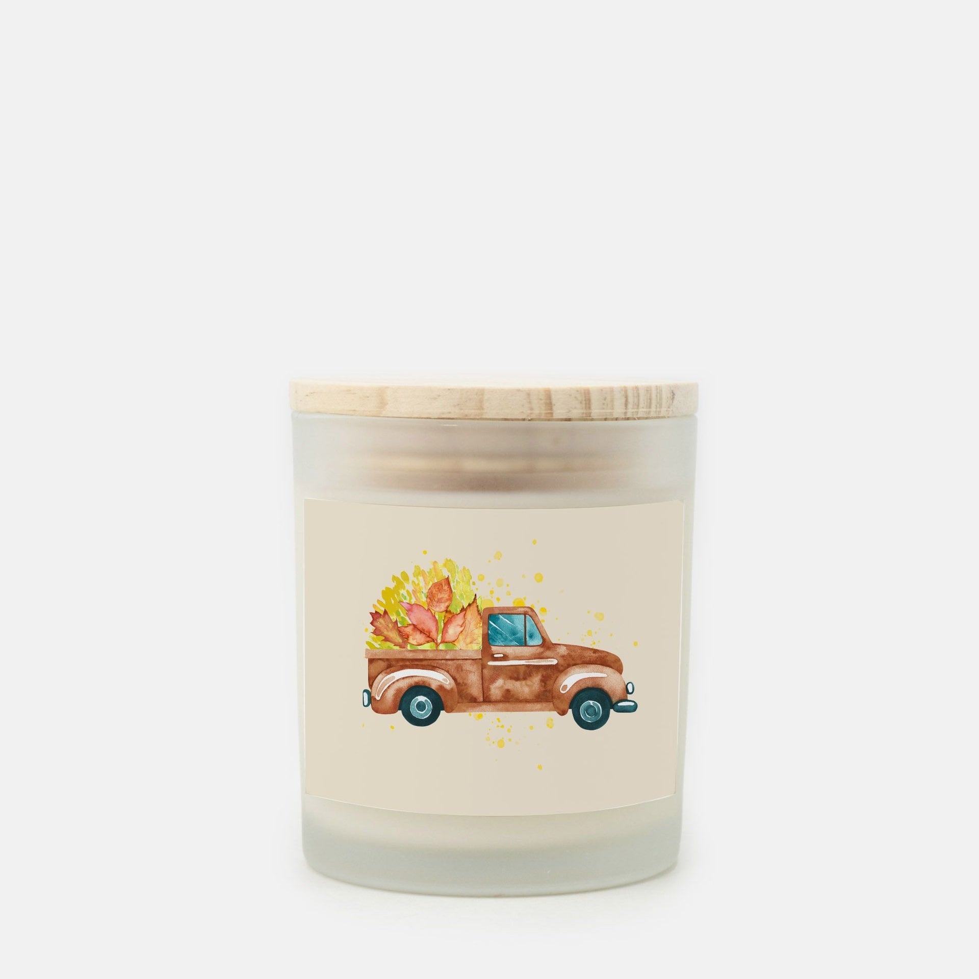 Lifestyle Details - 11oz Brown Rustic Truck & Leaves Frosted Glass Candle - Cashmere Vanilla