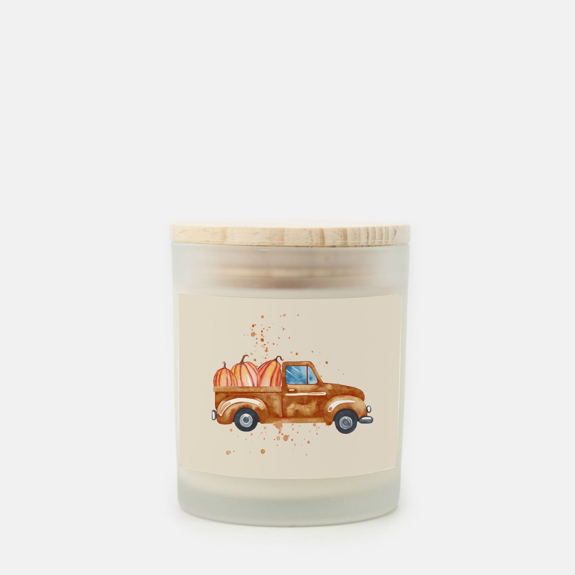 Lifestyle Details - 11oz Brown Rustic Truck & Pumpkins Frosted Glass Candle - Cashmere Vanilla