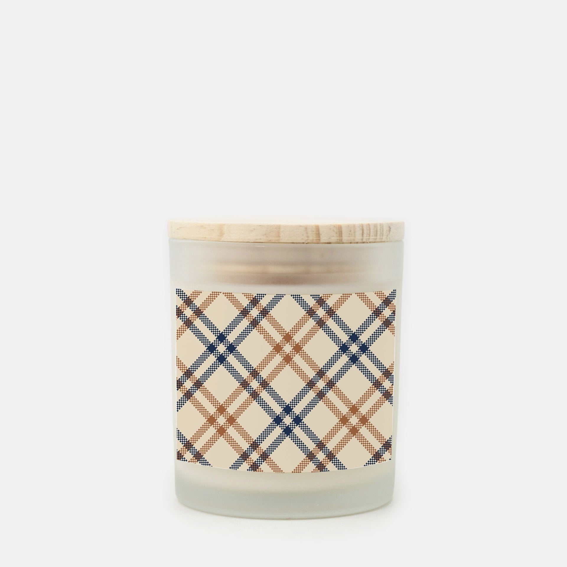 Lifestyle Details - 11oz Brown & Blue Diagonal Plaid Frosted Glass Candle - Cashmere Vanilla