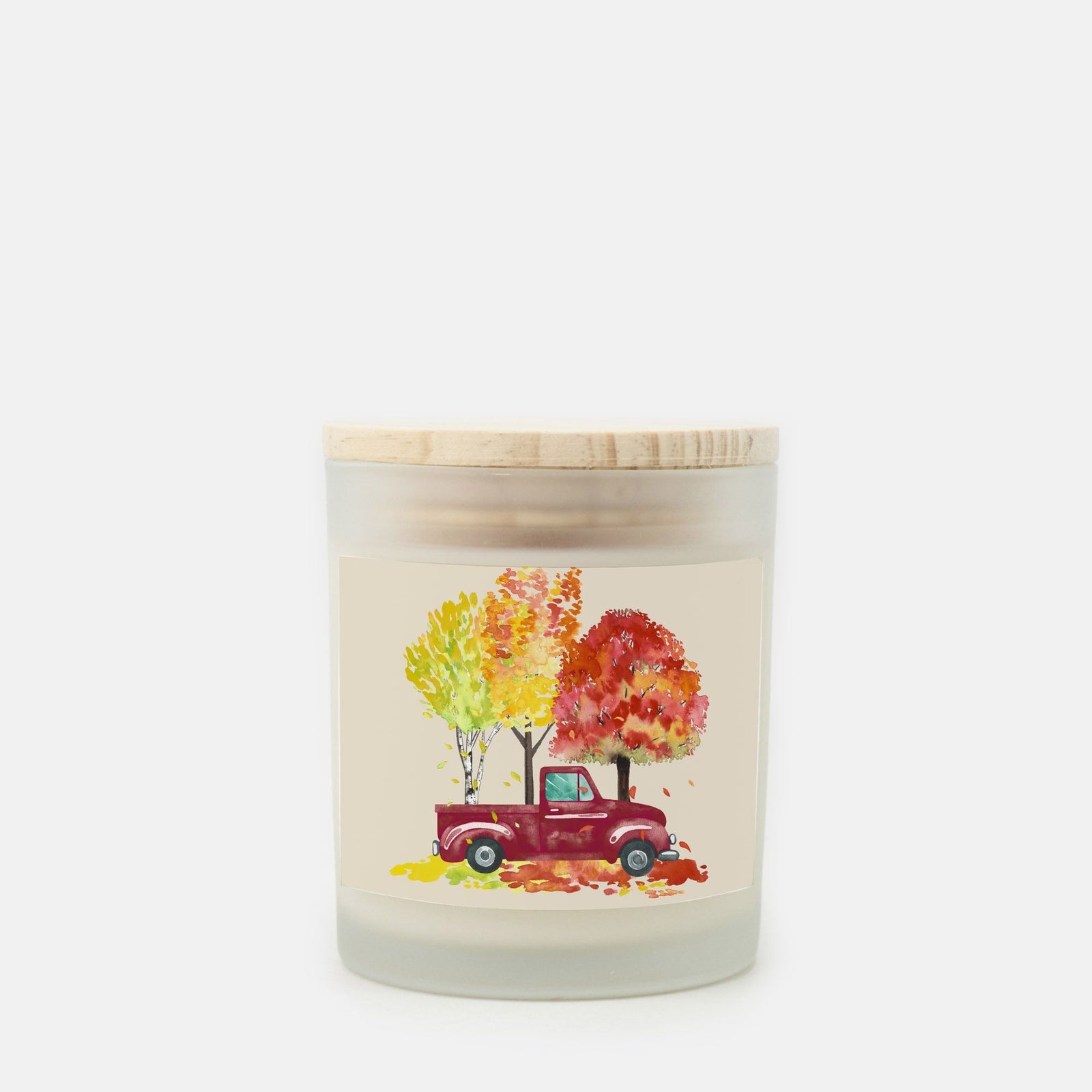 Lifestyle Details - 11oz Burgundy Rustic Truck & Leaves Frosted Glass Candle - Cashmere Vanilla
