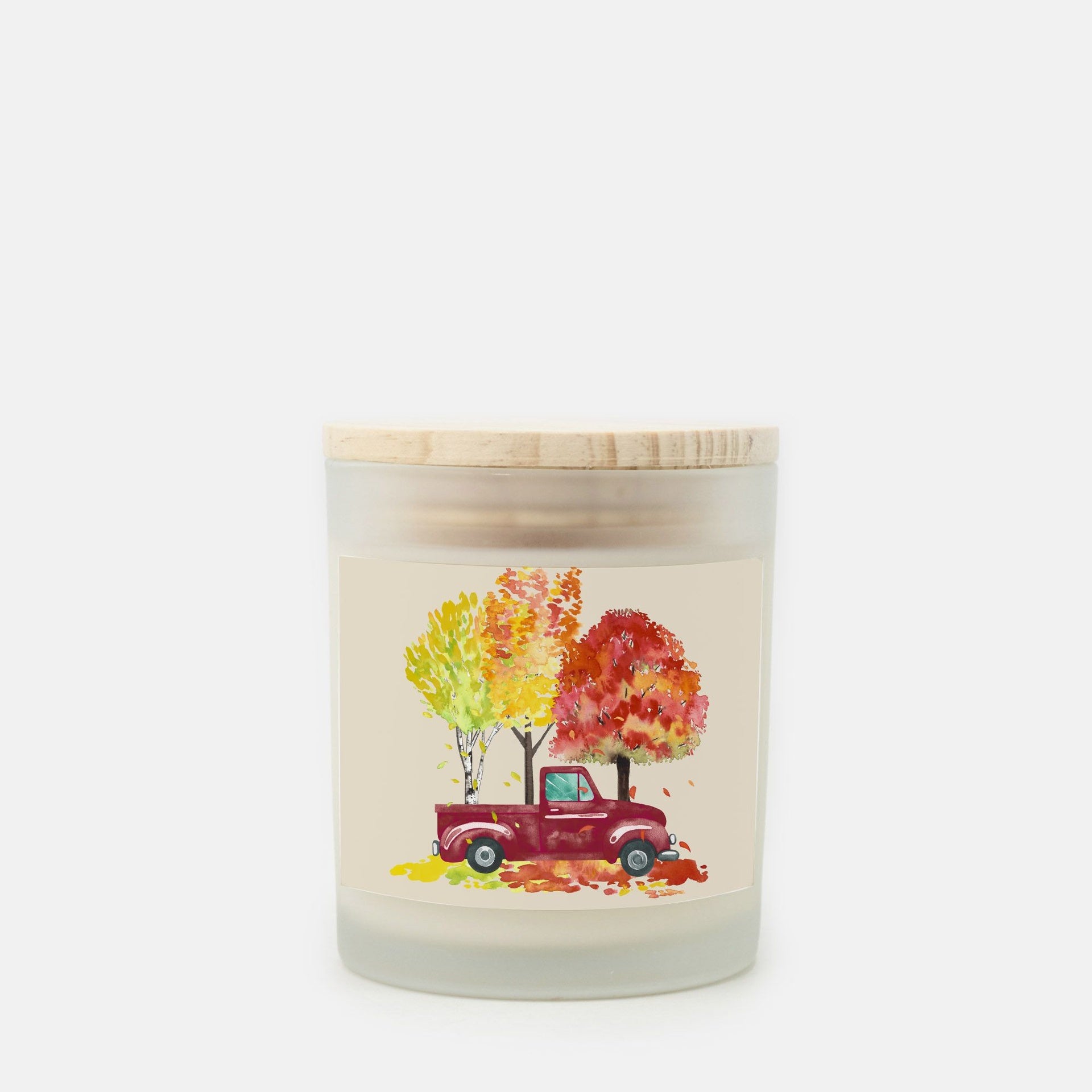 Lifestyle Details - 11oz Burgundy Rustic Truck & Leaves Frosted Glass Candle - Cashmere Vanilla
