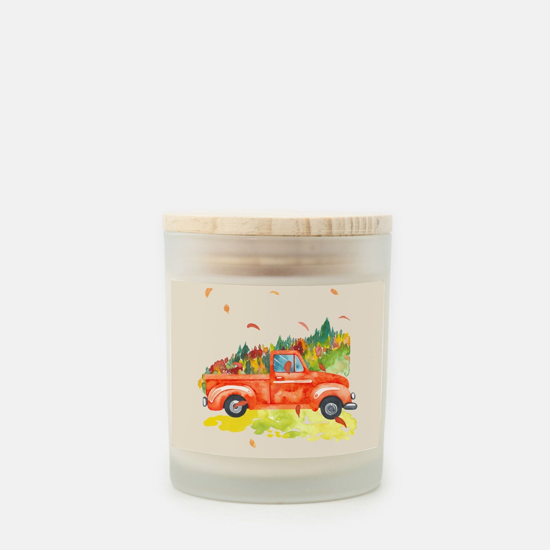 Lifestyle Details - 11oz Orange Rustic Truck & Leaves Frosted Glass Candle - Cashmere Vanilla