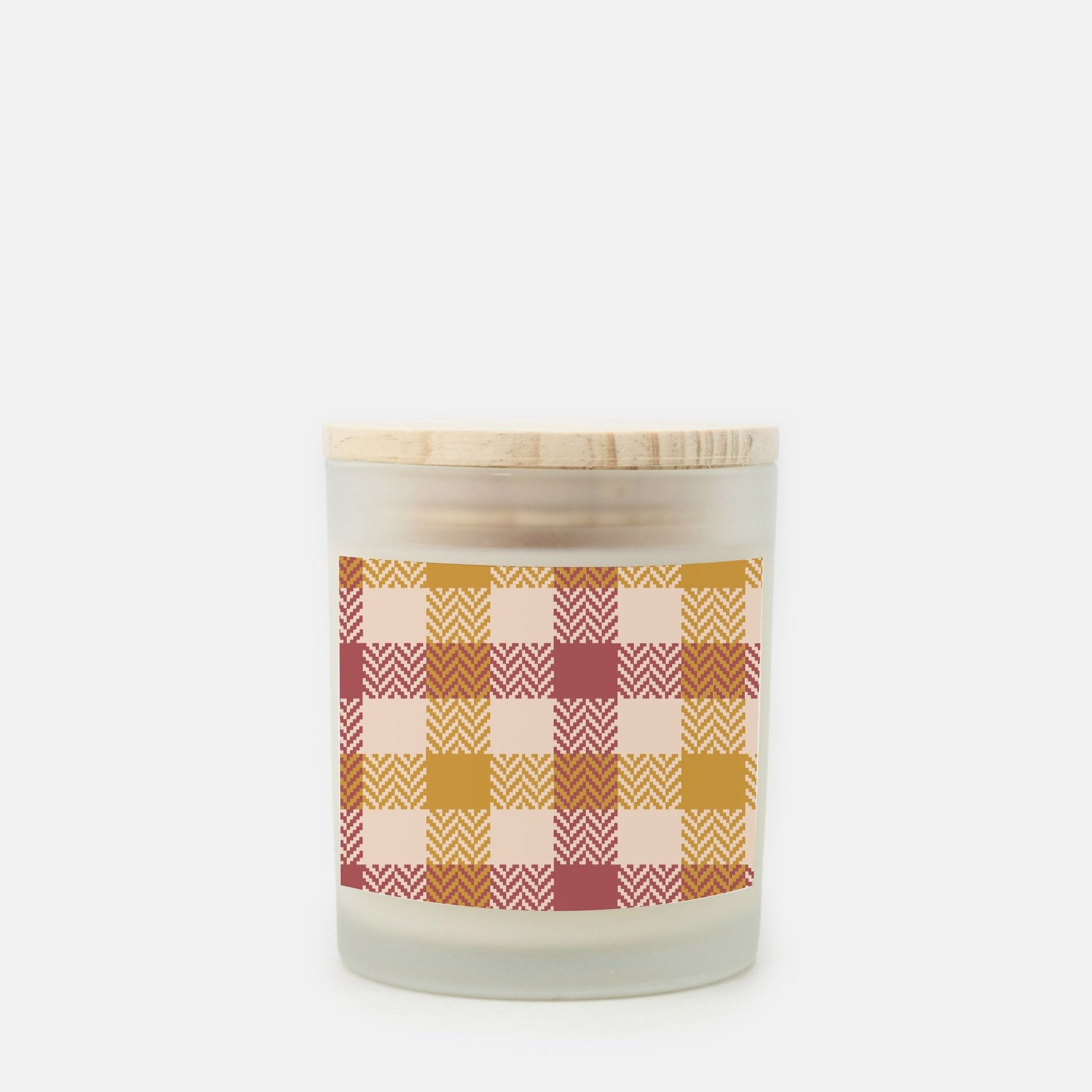 Lifestyle Details - 11oz Red & Orange Plaid Frosted Glass Candle - Cashmere Vanilla