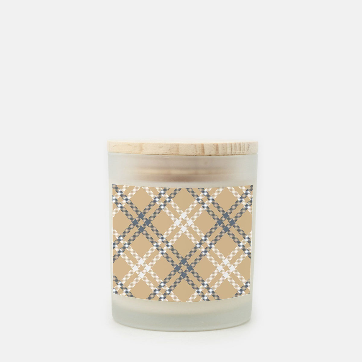 Lifestyle Details - 11oz White & Blue Diagonal Plaid Frosted Glass Candle - Cashmere Vanilla