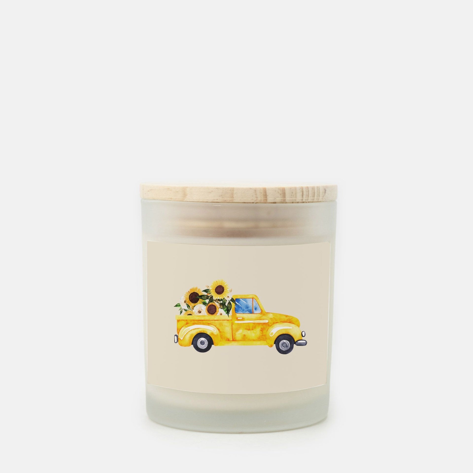 Lifestyle Details - 11oz Yellow Rustic Truck Frosted Glass Candle - Cashmere Vanilla