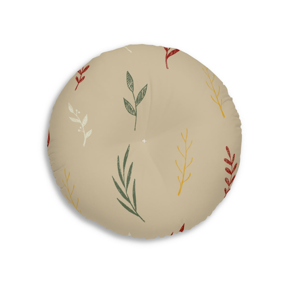 Lifestyle Details - Beige Round Tufted Holiday Floor Pillow - Colorful Garland - 26x26 - Front View