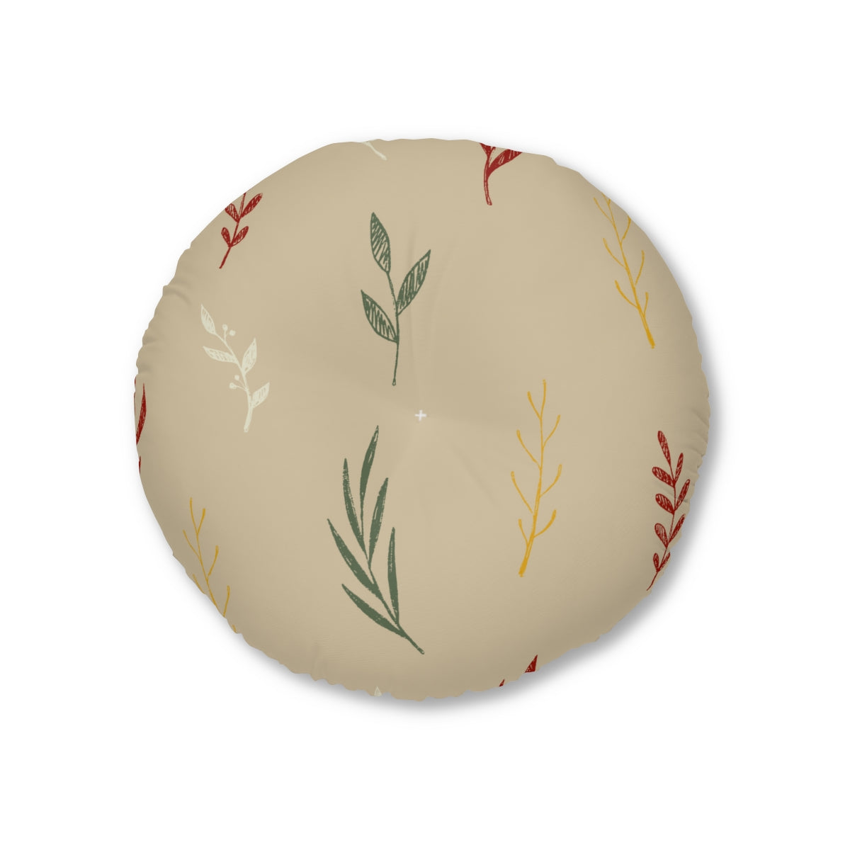 Lifestyle Details - Beige Round Tufted Holiday Floor Pillow - Colorful Garland - 26x26 - Front View
