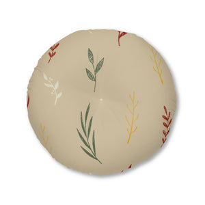 Lifestyle Details - Beige Round Tufted Holiday Floor Pillow - Colorful Garland - 30x30 - Front View