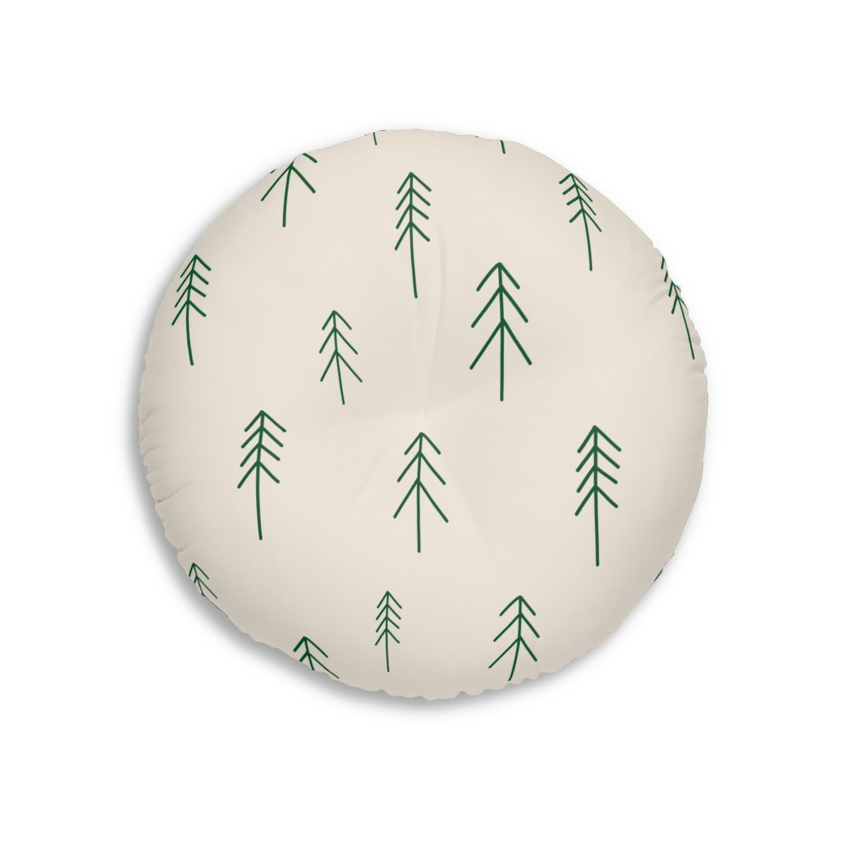 Lifestyle Details - Beige Round Tufted Holiday Floor Pillow - Evergreen Trees - 26x26 - Front View