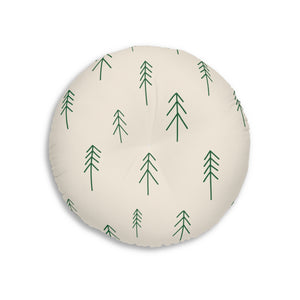 Lifestyle Details - Beige Round Tufted Holiday Floor Pillow - Evergreen Trees - 26x26 - Back View