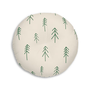 Lifestyle Details - Beige Round Tufted Holiday Floor Pillow - Evergreen Trees - 30x30 - Back View