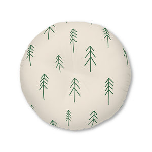 Lifestyle Details - Beige Round Tufted Holiday Floor Pillow - Evergreen Trees - 30x30 - Front View