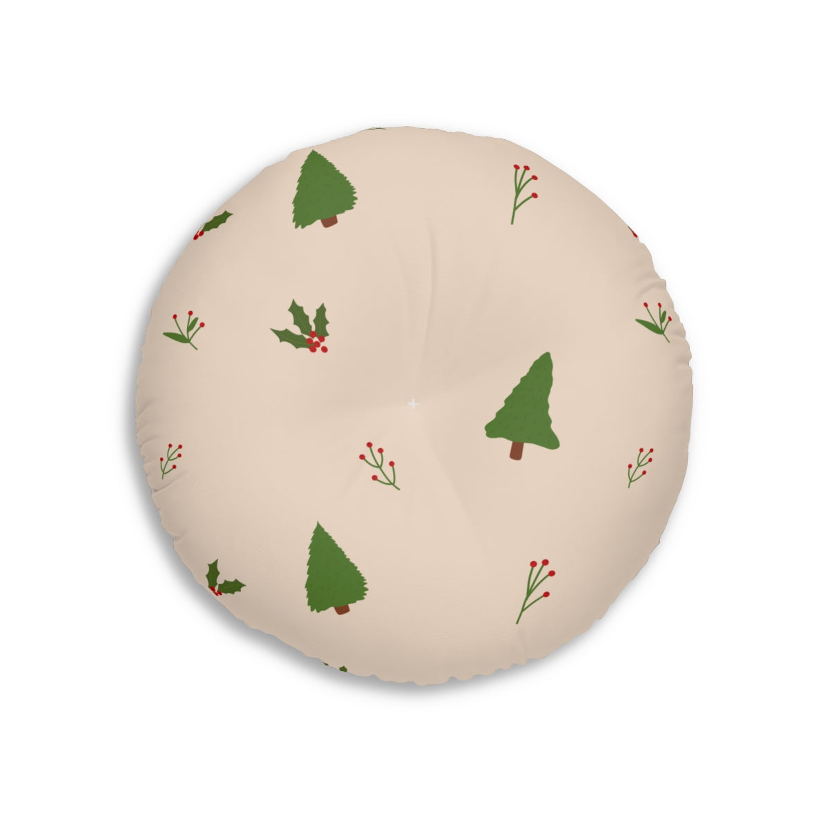 Lifestyle Details - Beige Round Tufted Holiday Floor Pillow - Evergreen Trees & Holly - 26x26 - Front View