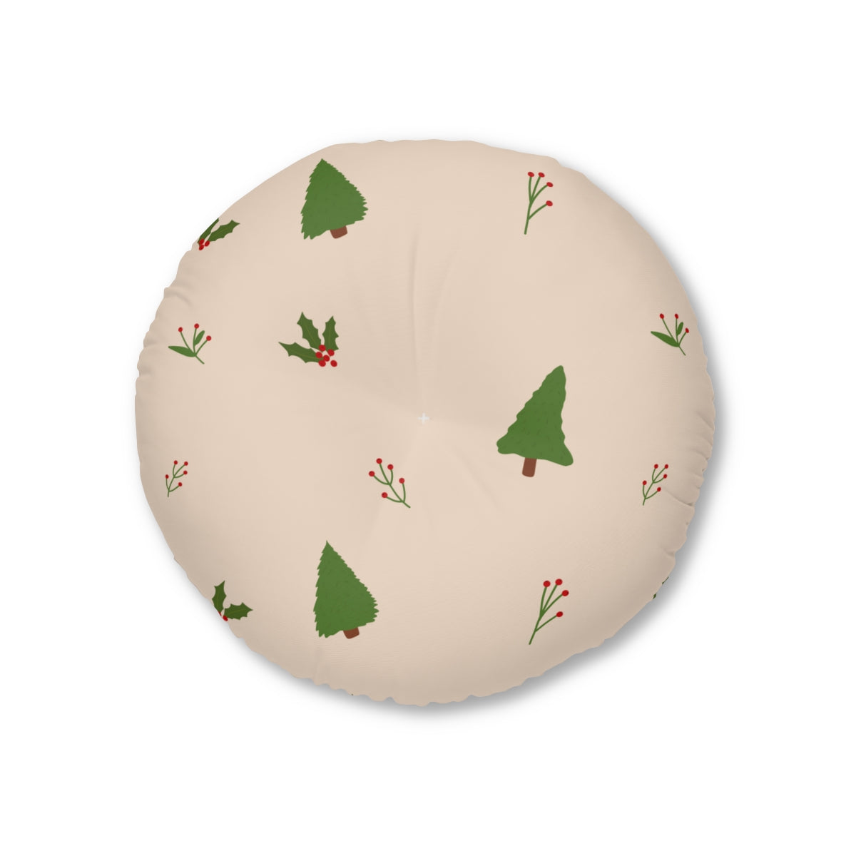 Lifestyle Details - Beige Round Tufted Holiday Floor Pillow - Evergreen Trees & Holly - 26x26 - Front View