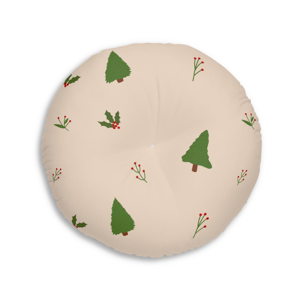 Lifestyle Details - Beige Round Tufted Holiday Floor Pillow - Evergreen Trees & Holly - 30x30 - Back View