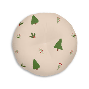 Lifestyle Details - Beige Round Tufted Holiday Floor Pillow - Evergreen Trees & Holly - 30x30 - Back View