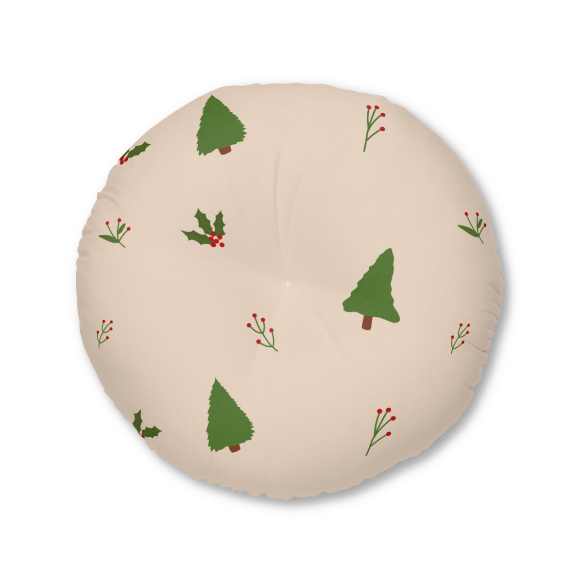 Lifestyle Details - Beige Round Tufted Holiday Floor Pillow - Evergreen Trees & Holly - 30x30 - Back View