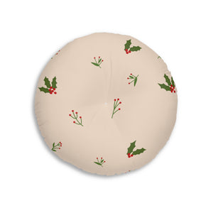 Lifestyle Details - Beige Round Tufted Holiday Floor Pillow - Holly - 26x26 - Back View