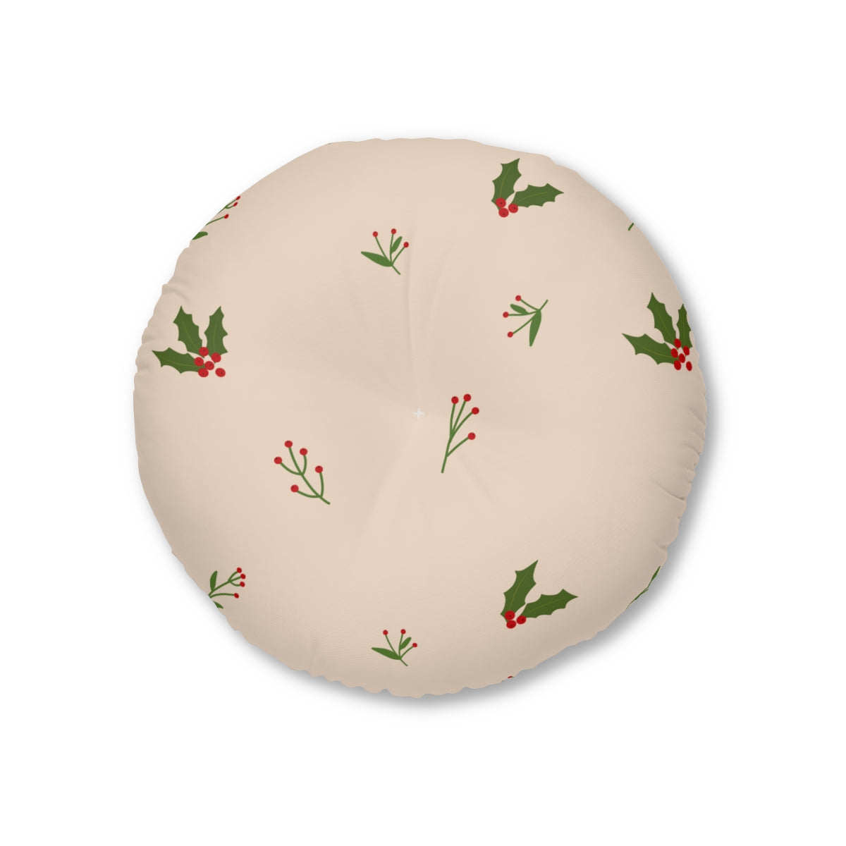 Lifestyle Details - Beige Round Tufted Holiday Floor Pillow - Holly - 26x26 - Front View