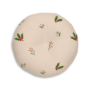 Lifestyle Details - Beige Round Tufted Holiday Floor Pillow - Holly - 30x30 - Back View