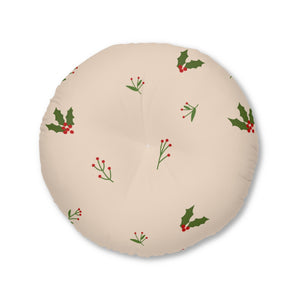 Lifestyle Details - Beige Round Tufted Holiday Floor Pillow - Holly - 30x30 - Front View