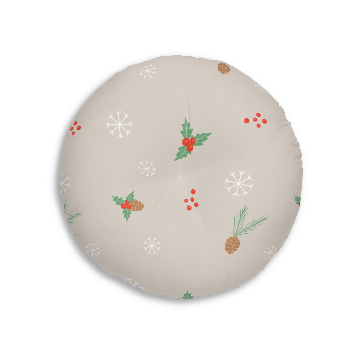 Lifestyle Details - Beige Round Tufted Holiday Floor Pillow - Pinecones & Holly - 26x26 - Back View