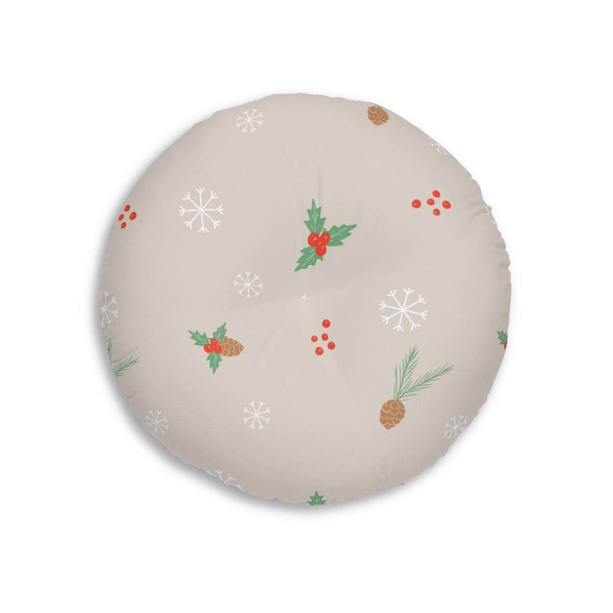 Lifestyle Details - Beige Round Tufted Holiday Floor Pillow - Pinecones & Holly - 26x26 - Front View