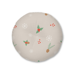 Lifestyle Details - Beige Round Tufted Holiday Floor Pillow - Pinecones & Holly - 26x26 - Front View
