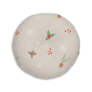Lifestyle Details - Beige Round Tufted Holiday Floor Pillow - Pinecones & Holly - 30x30 - Back View