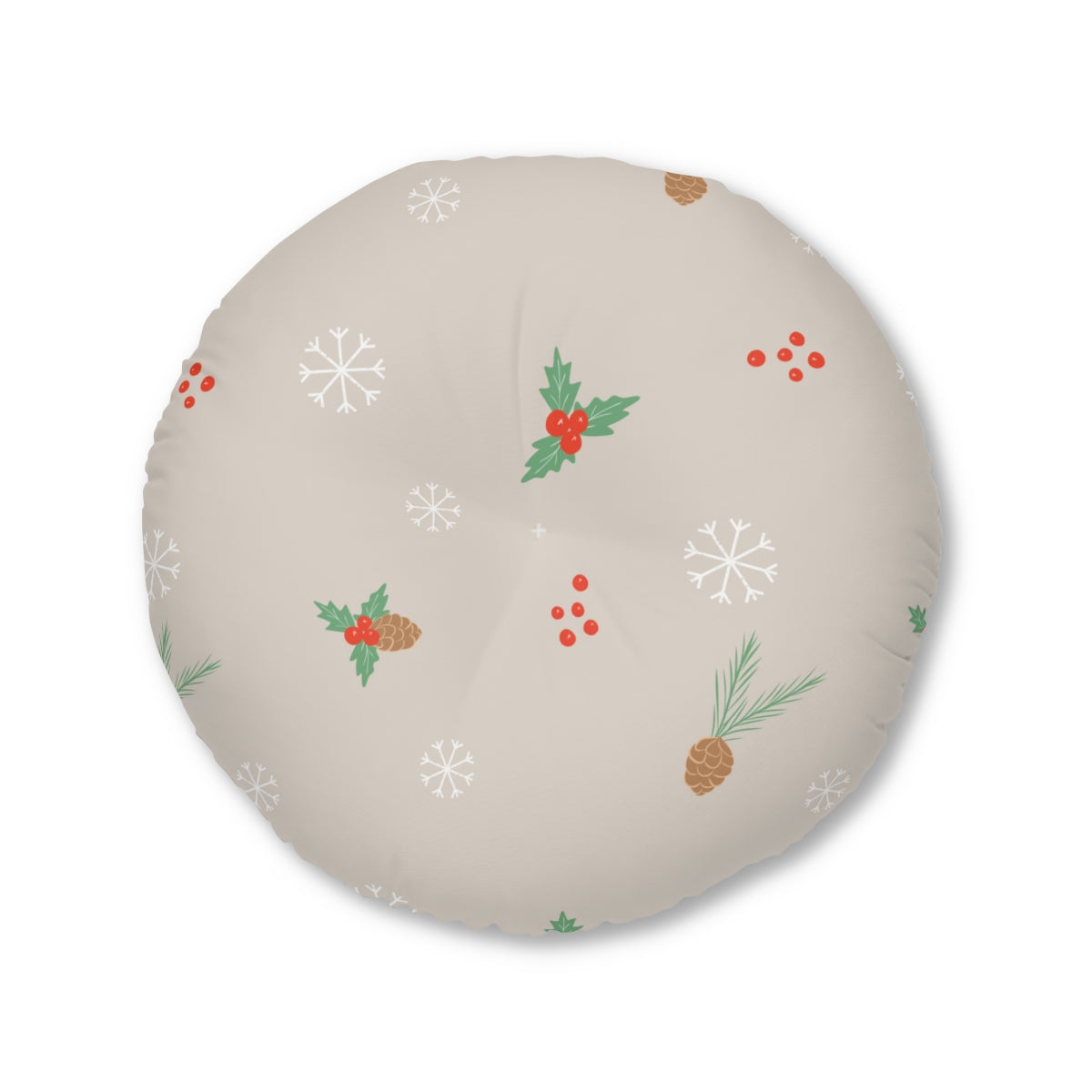 Lifestyle Details - Beige Round Tufted Holiday Floor Pillow - Pinecones & Holly - 30x30 - Front View
