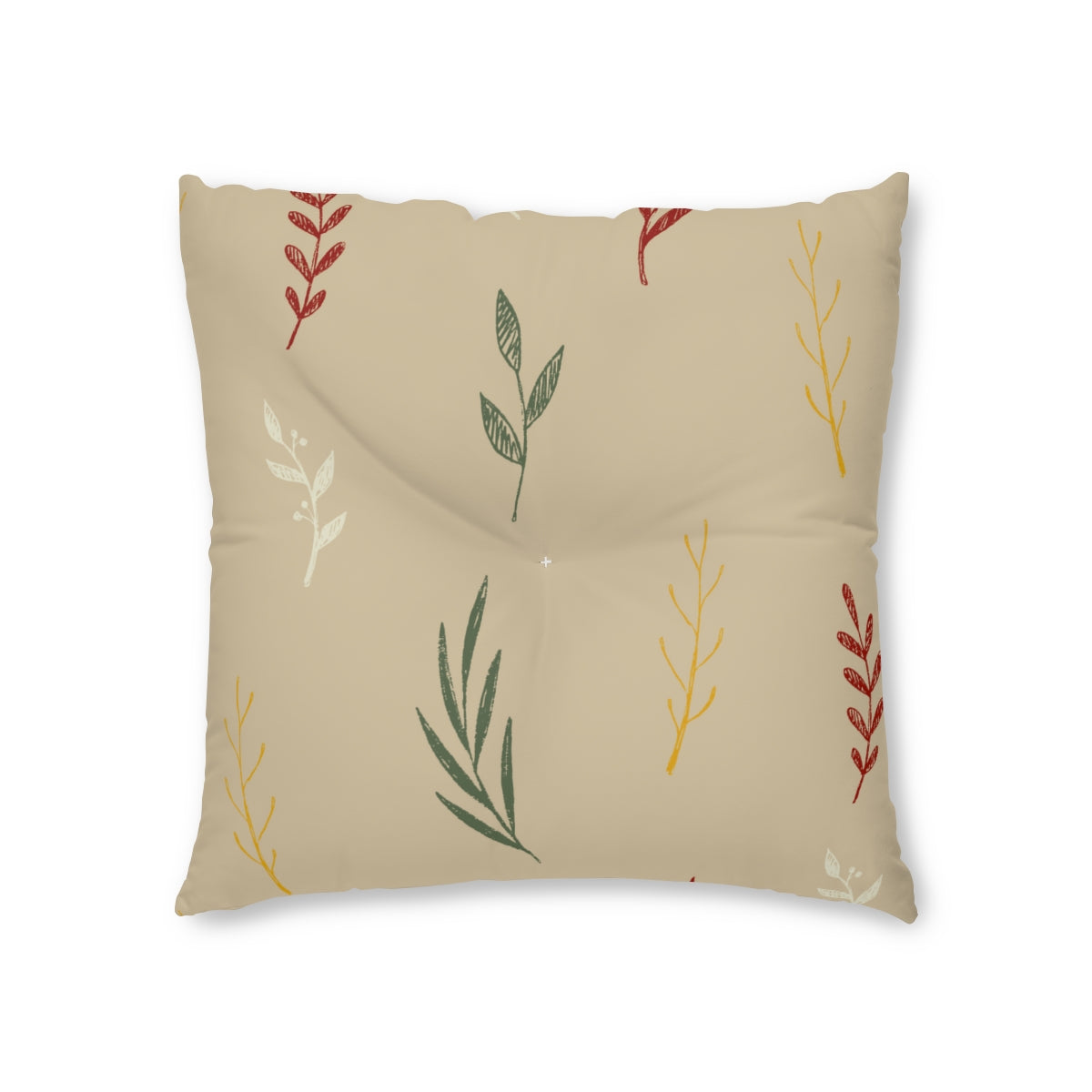 Lifestyle Details - Beige Square Tufted Holiday Floor Pillow - Colorful Garland - 26x26 - Front View