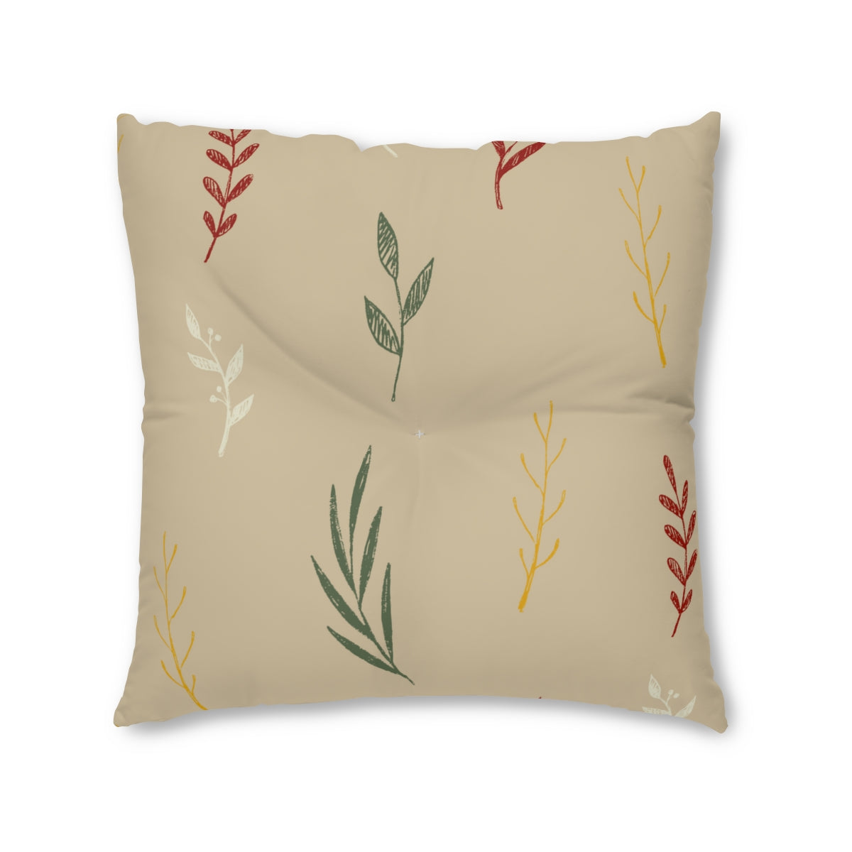 Lifestyle Details - Beige Square Tufted Holiday Floor Pillow - Colorful Garland - 30x30 - Front View
