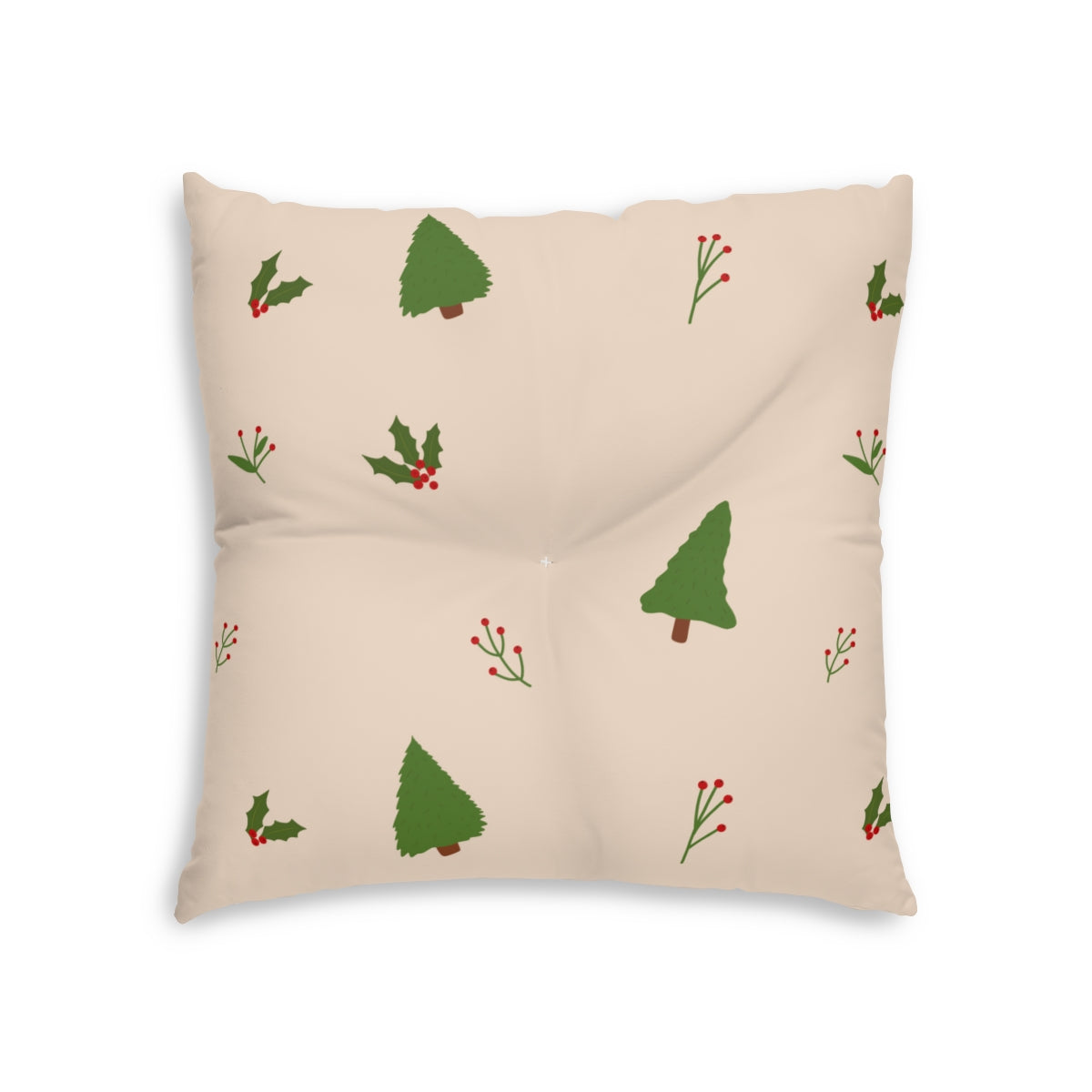 Lifestyle Details - Beige Square Tufted Holiday Floor Pillow - Evergreen Trees & Holly - 26x26 - Front View
