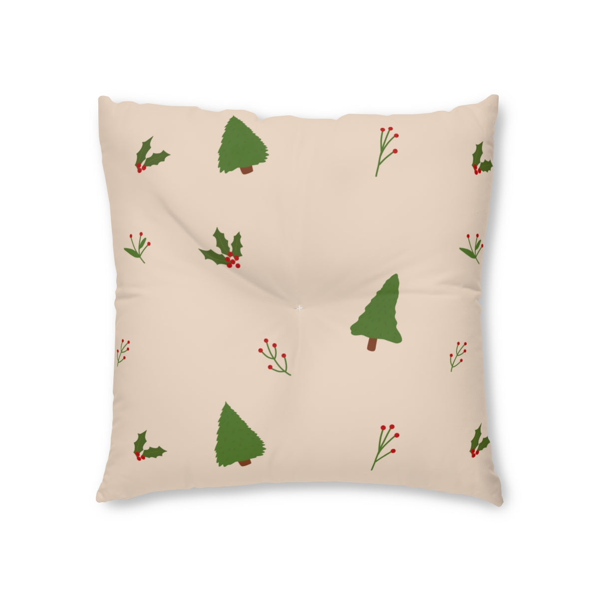 Lifestyle Details - Beige Square Tufted Holiday Floor Pillow - Evergreen Trees & Holly - 26x26 - Front View