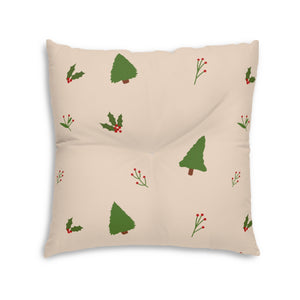 Lifestyle Details - Beige Square Tufted Holiday Floor Pillow - Evergreen Trees & Holly - 30x30 - Back View