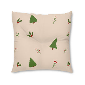 Lifestyle Details - Beige Square Tufted Holiday Floor Pillow - Evergreen Trees & Holly - 30x30 - Front View