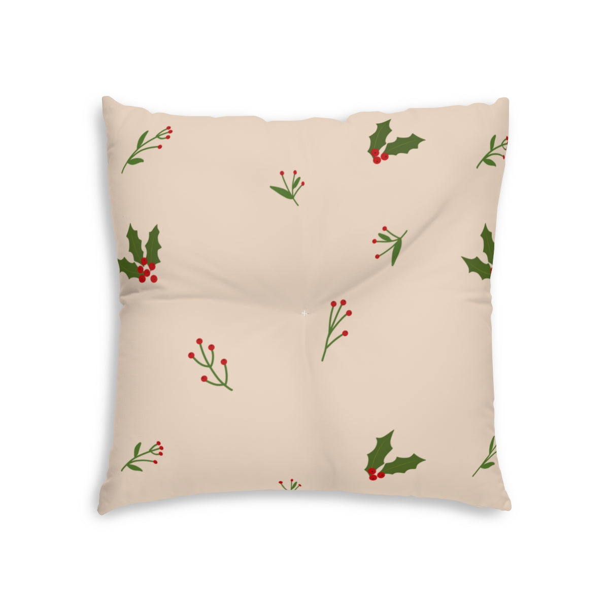 Lifestyle Details - Beige Square Tufted Holiday Floor Pillow - Holly - 26x26 - Front View