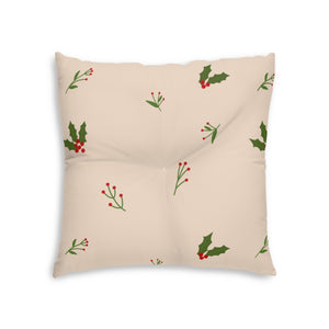 Lifestyle Details - Beige Square Tufted Holiday Floor Pillow - Holly - 26x26 - Back View
