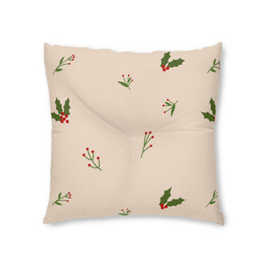 Lifestyle Details - Beige Square Tufted Holiday Floor Pillow - Holly - 26x26 - Front View