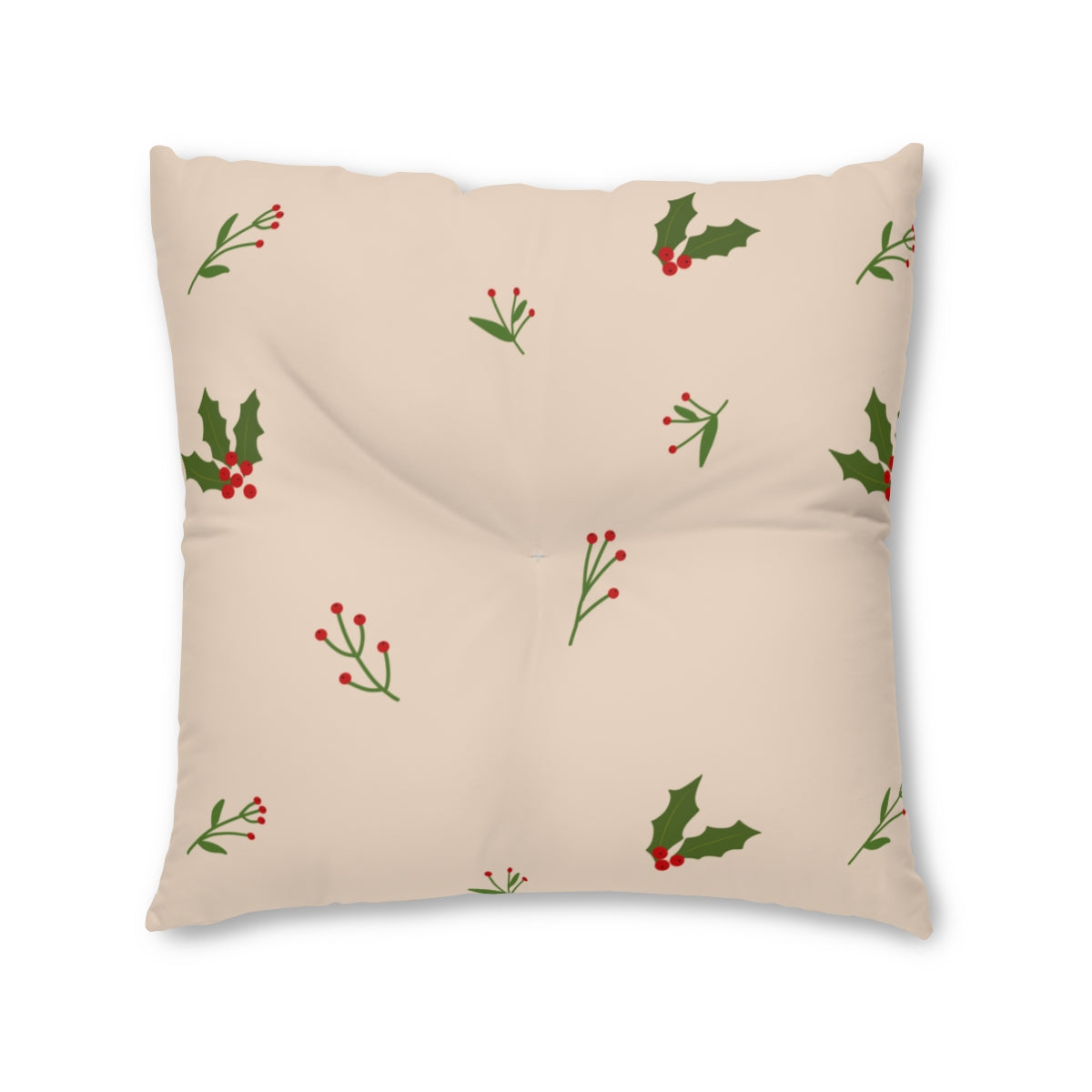 Lifestyle Details - Beige Square Tufted Holiday Floor Pillow - Holly - 30x30 - Front View