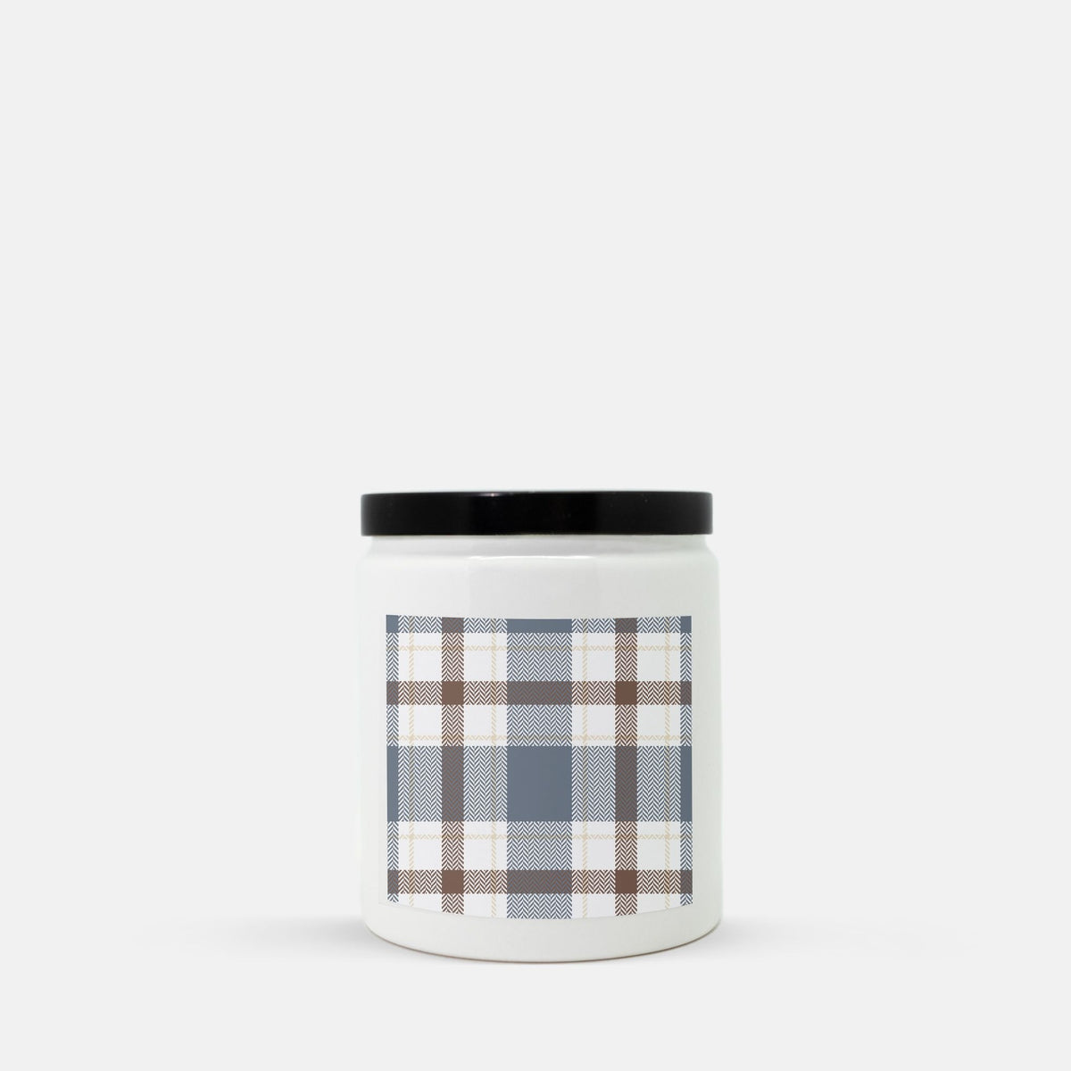 Lifestyle Details - Blue-Grey & Brown Plaid Ceramic Candle w Black Lid - Macintosh