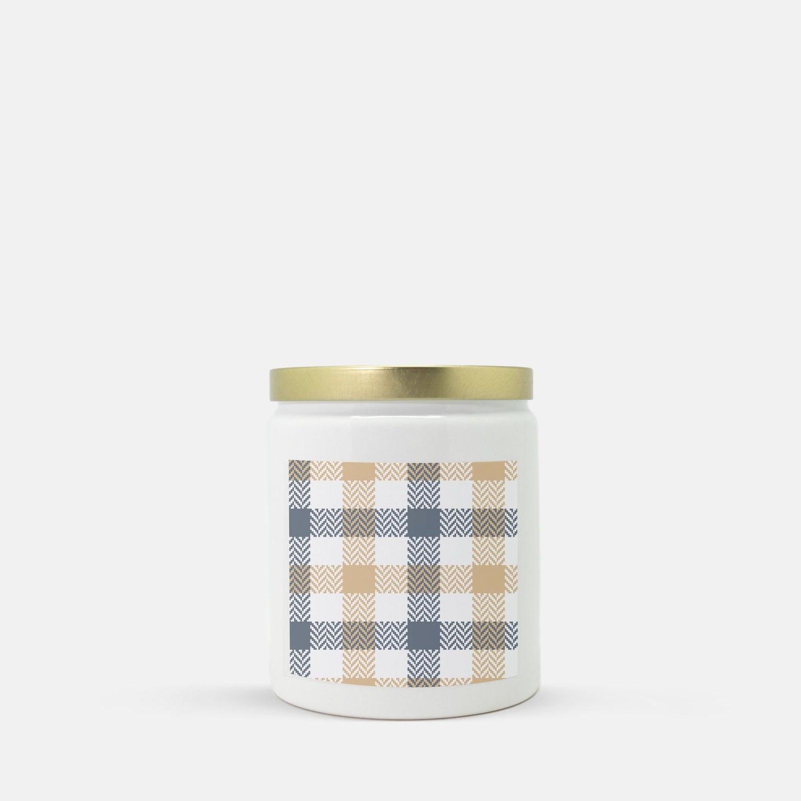 Lifestyle Details - Blue-Grey & Natural Plaid Ceramic Candle w Gold Lid - Vanilla Bean